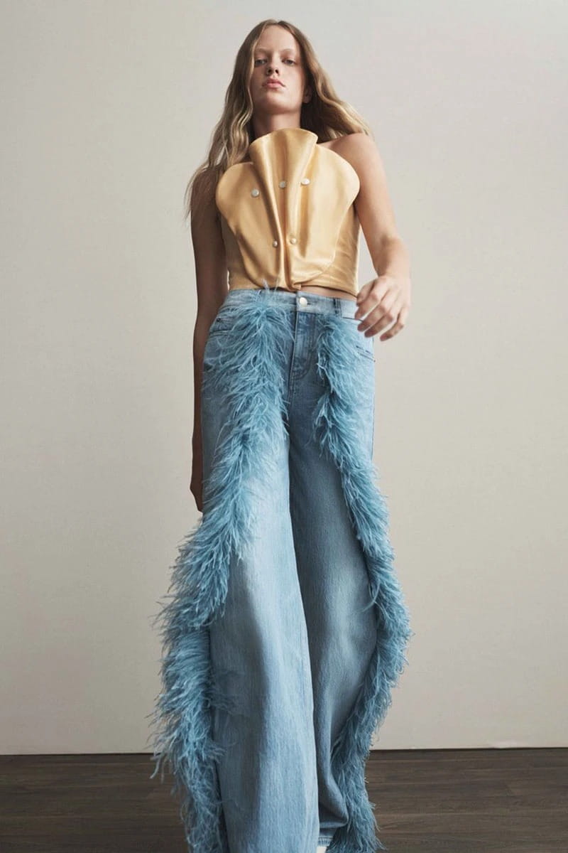 Ladies Stonewash Wide Leg Jeans with Plush Fur Trim