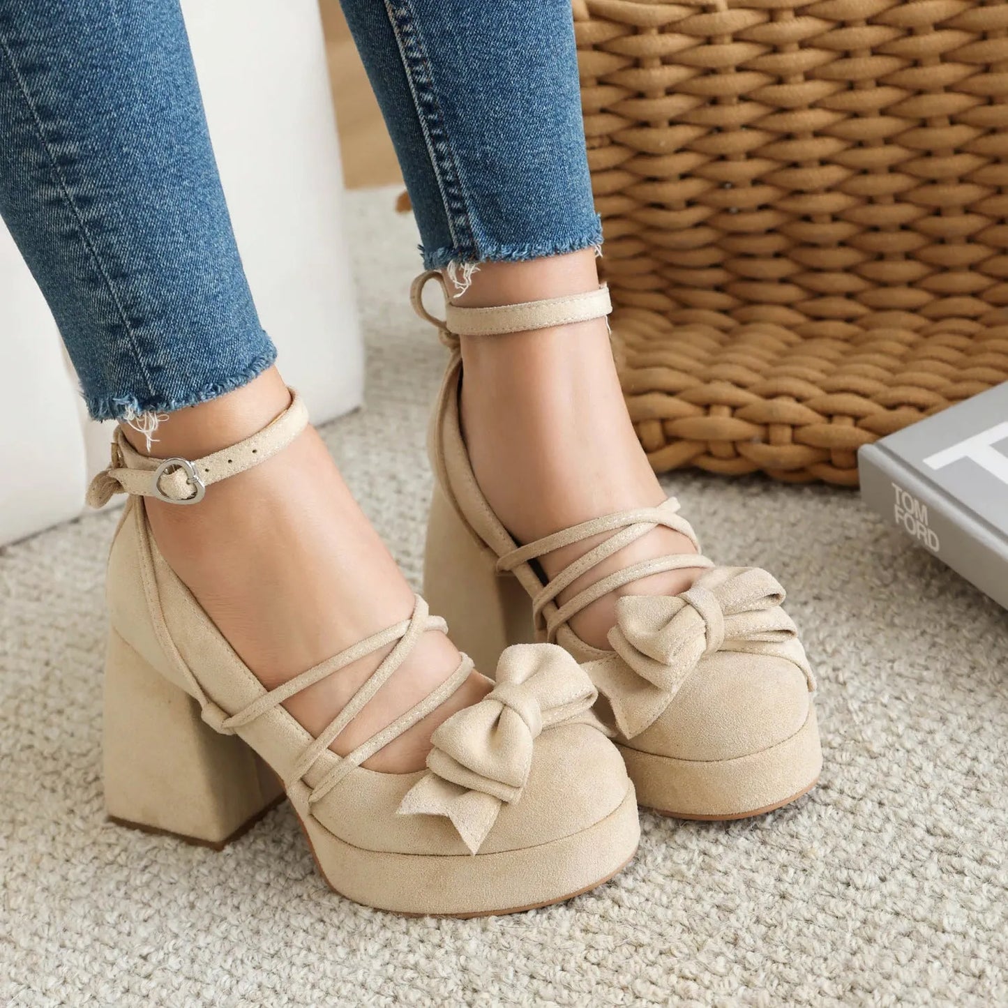 Bow Fronted Suede Platform Lolita Mary Jane Shoes