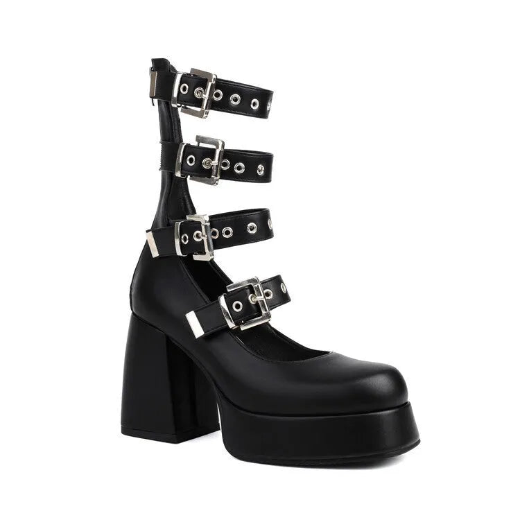 Multi Buckle Chunky High Heel Square Toe Shoes