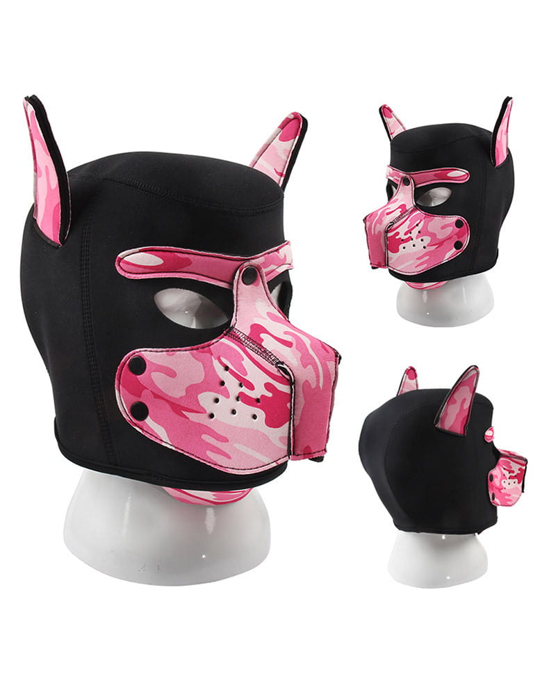 Pink and black neoprene dog head mask perfect for role play flirting and adult SM fun.