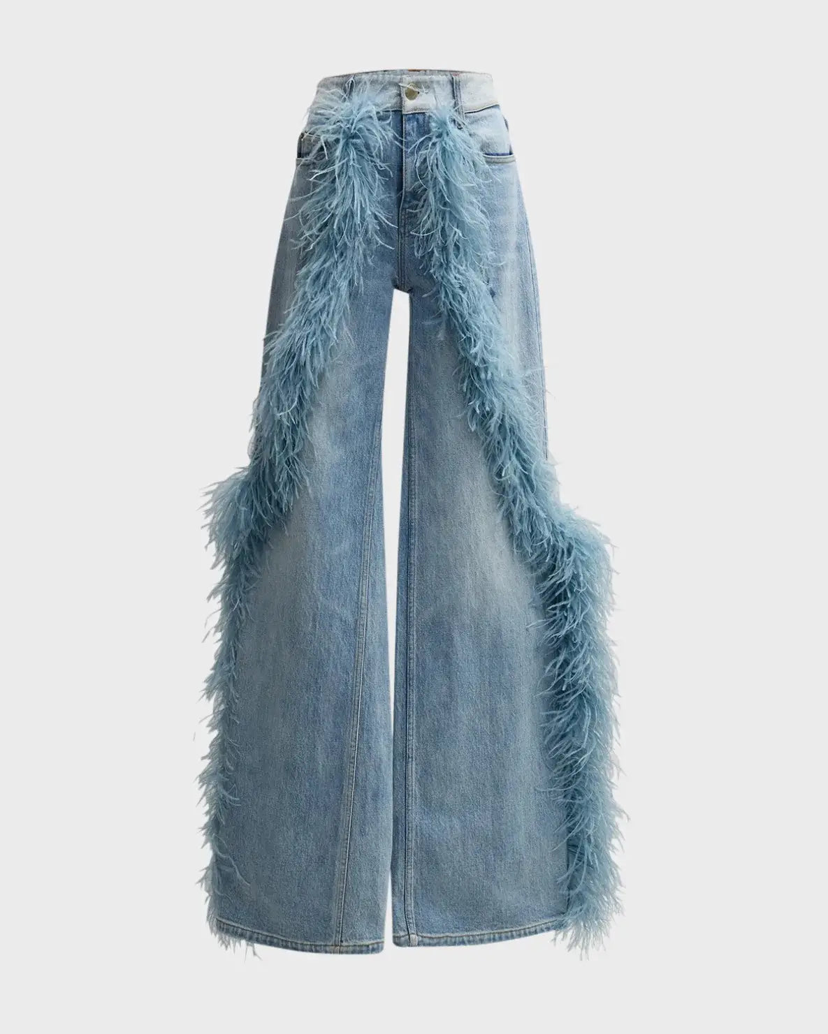 Ladies Stonewash Wide Leg Jeans with Plush Fur Trim