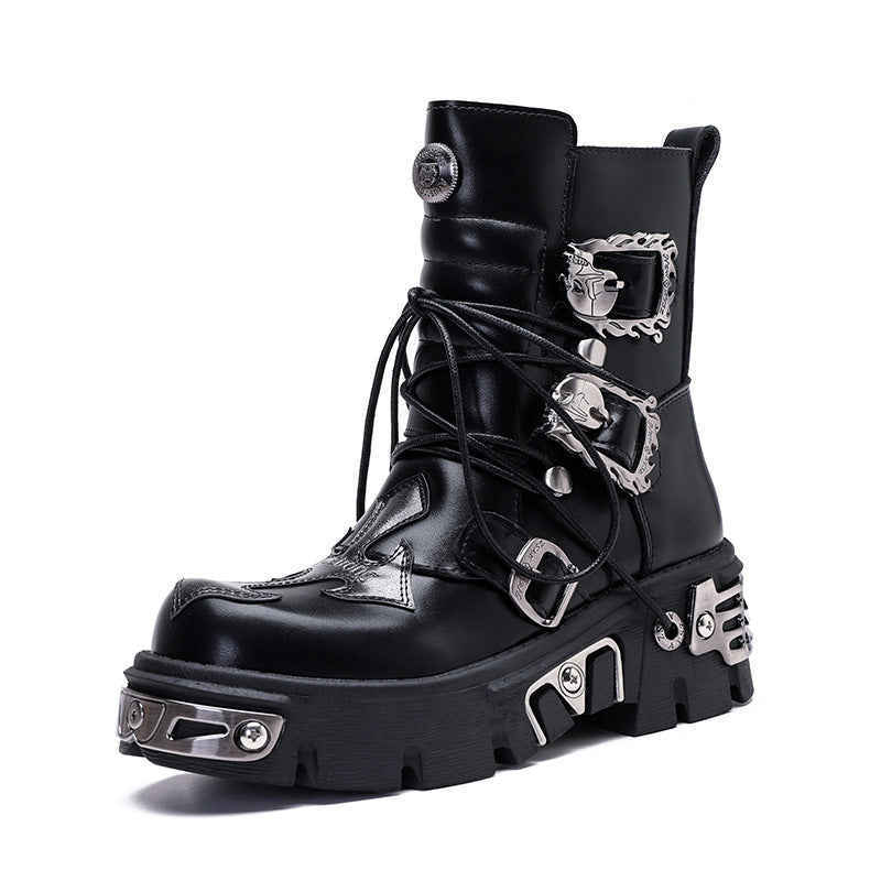 Retro Casual Punk Workwear High Leg Boot Metal Embelishment - Pleasures and Sins   Pleasures and Sins