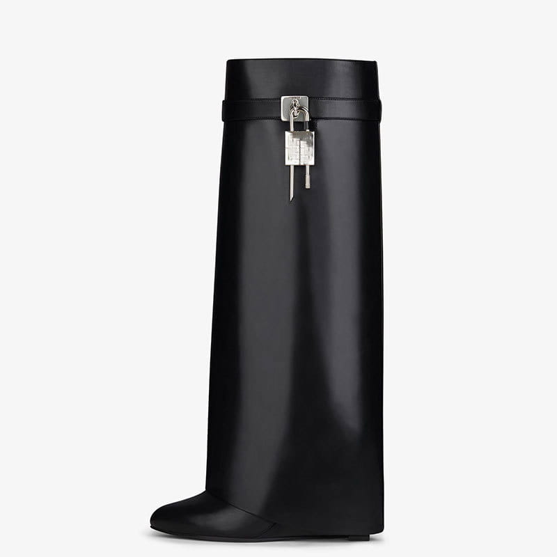 Black leather wedge boot with silver lock detail from Fashion Shark Lock Knee collection.