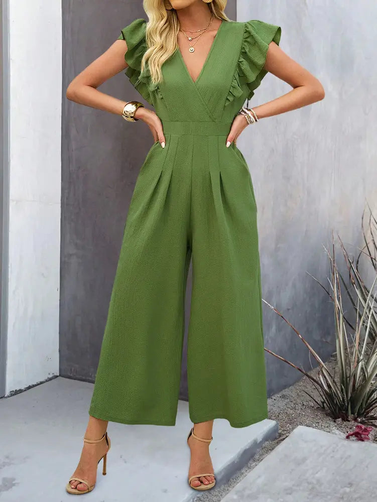 European Spring and Summer Wide Leg v Neck Jumpsuit