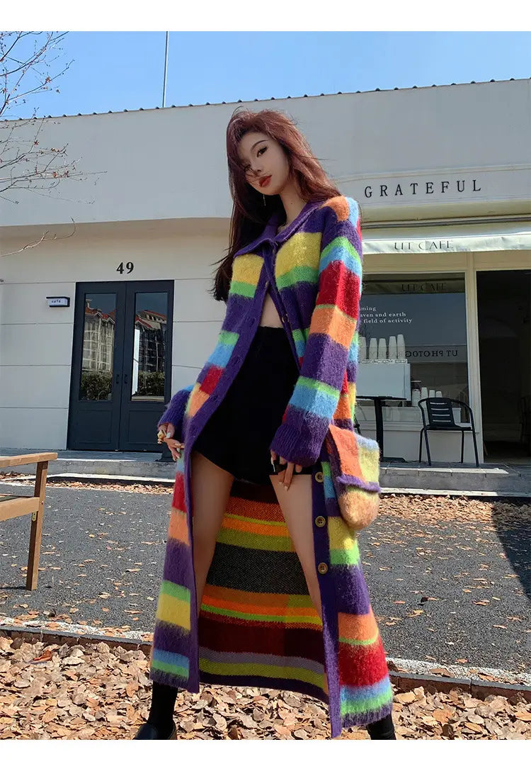 Rainbow Striped Sweater Coat Womens Autumn and Winter