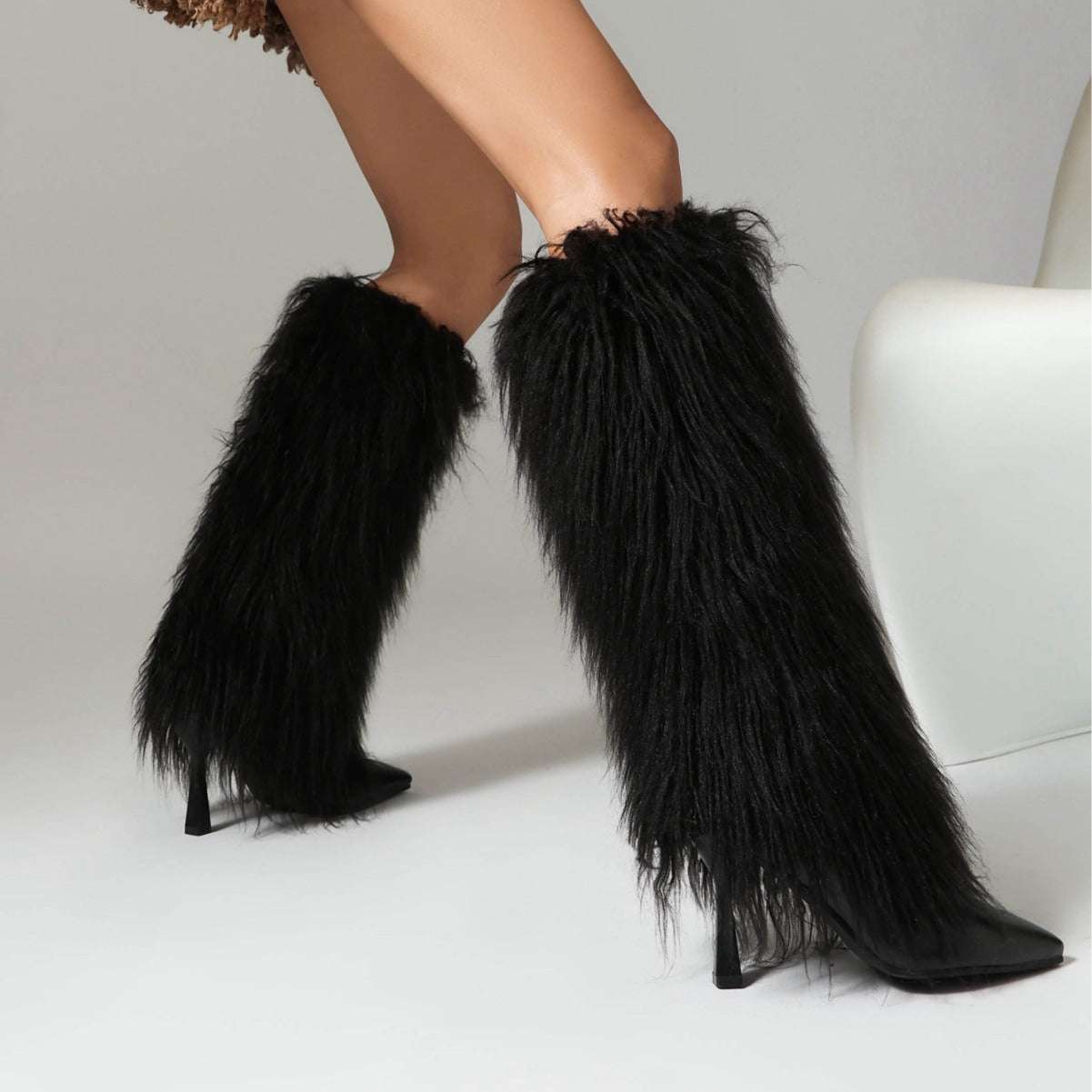 Ladies Faux Fur Covered High Heel Pointed Toe Boots