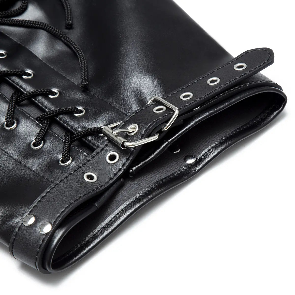 Black leather boot with metal eyelets for unisex erotic leg binding and bondage fun.