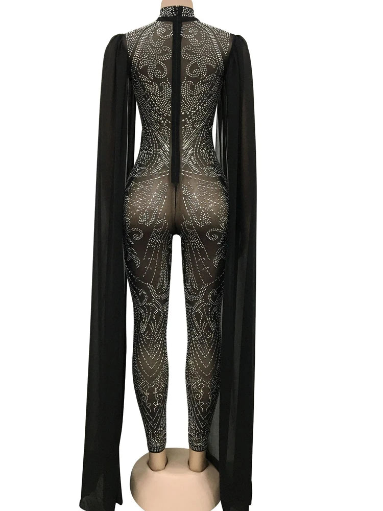 Sparkling Black Rhinestone Long Sleeve Jumpsuit With Attached Cloak