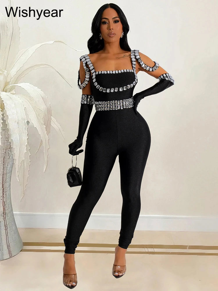 Luxury Jumpsuit with gloves Sexy Backless Rhinestone Bodycon One Piece - Pleasures and Sins   Pleasures and Sins