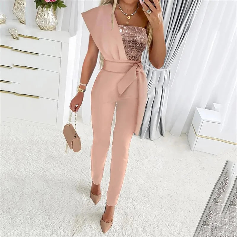 Sequin Decoration One Shoulder Backless Slim Fit High Waist Jumpsuit