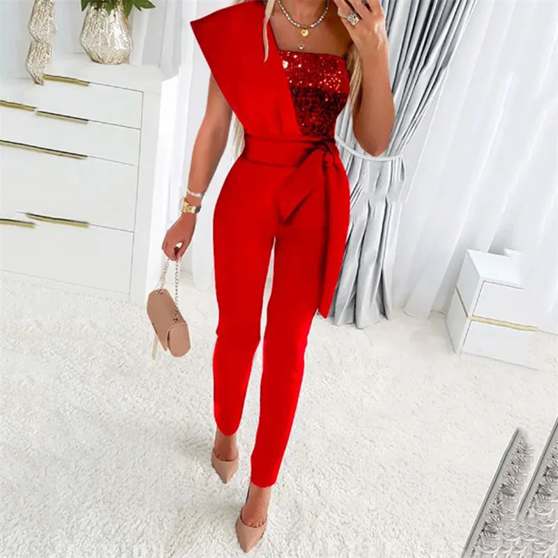 Sequin Decoration One Shoulder Backless Slim Fit High Waist Jumpsuit