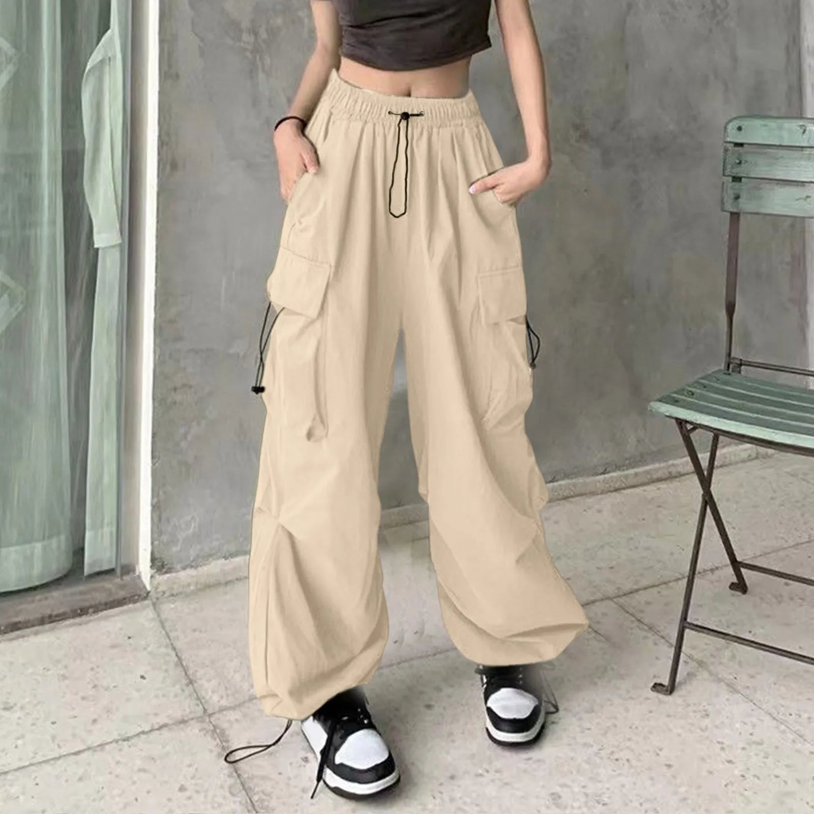 Women's Wide Leg Cargo Pants Streetwear Drawstring Elastic Waist - Pleasures and Sins   Pleasures and Sins