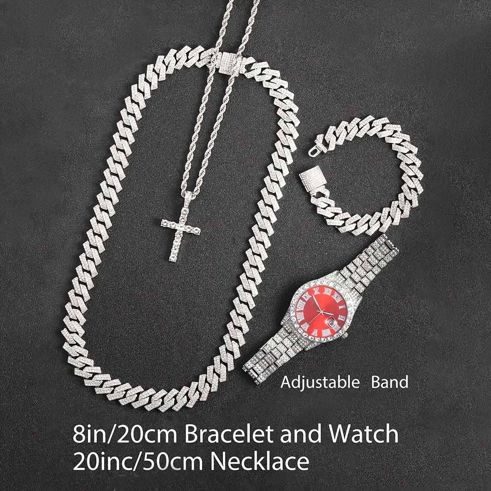 Mens 4 pc Bling Watch & Hip Hop Cuban Chain Necklace Set