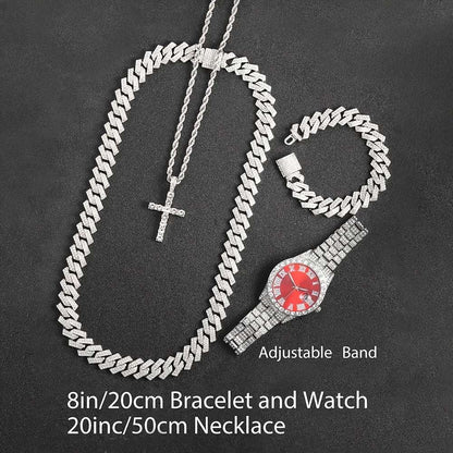 Mens 4 pc Bling Watch & Hip Hop Cuban Chain Necklace Set