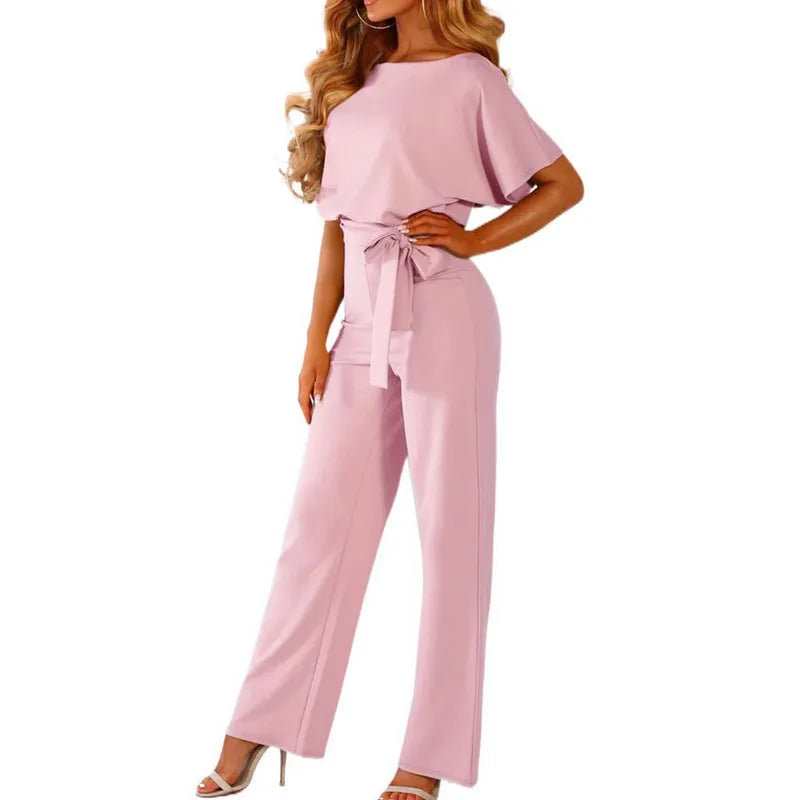 Women's Elegant Short Sleeve Waist Tie Solid Color Wide Leg Jumpsuit - Pleasures and Sins   Pleasures and Sins