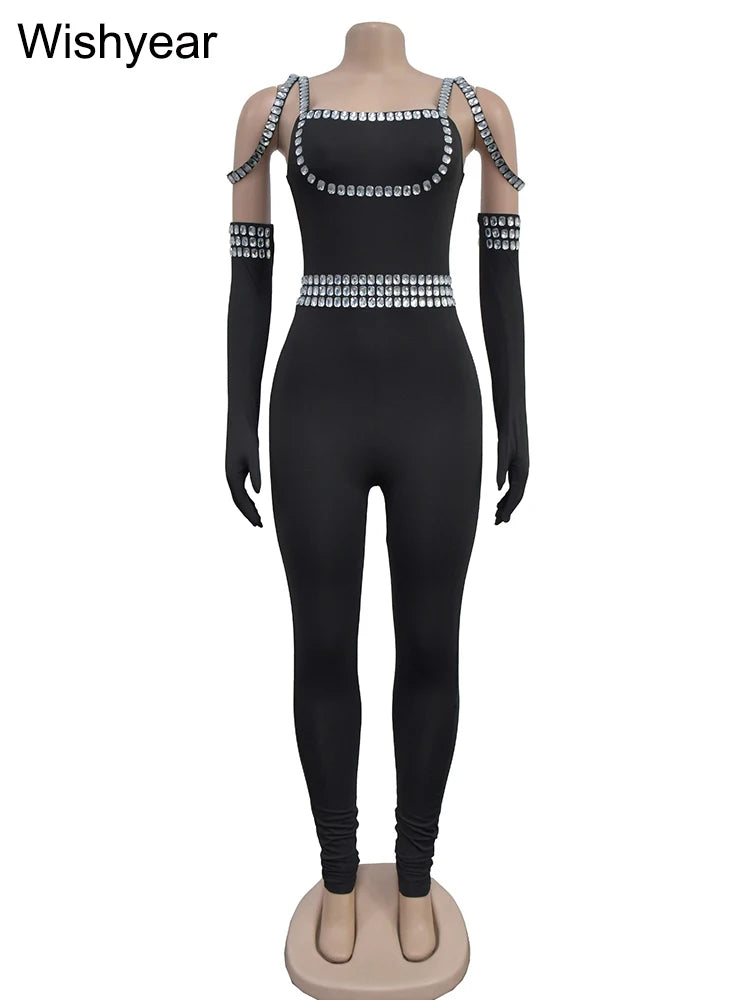 Luxury Jumpsuit with gloves Sexy Backless Rhinestone Bodycon One Piece - Pleasures and Sins   Pleasures and Sins