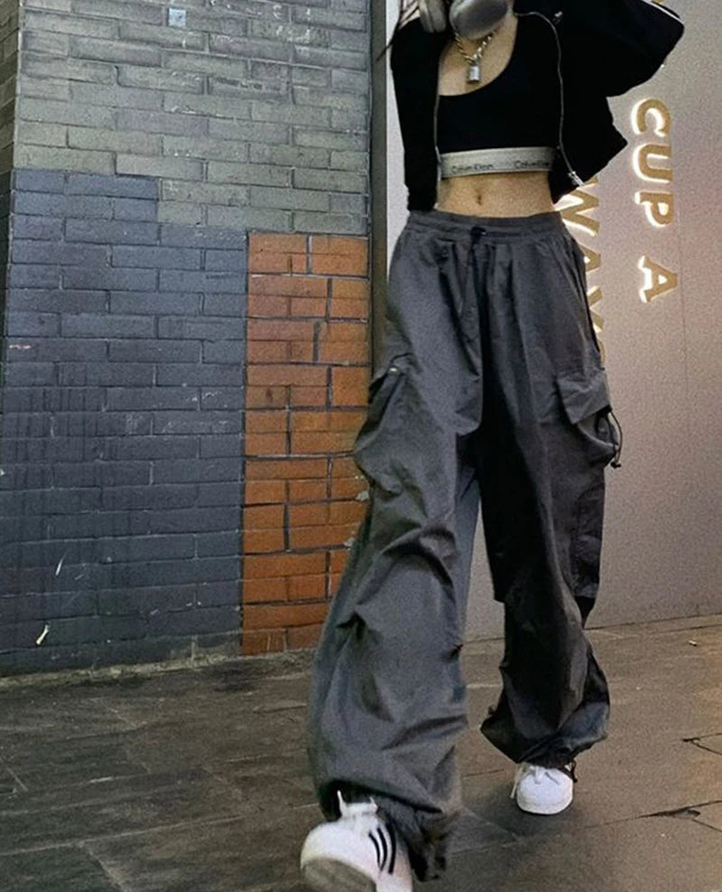 Women's black wide and baggy leg cargo pants with high waist