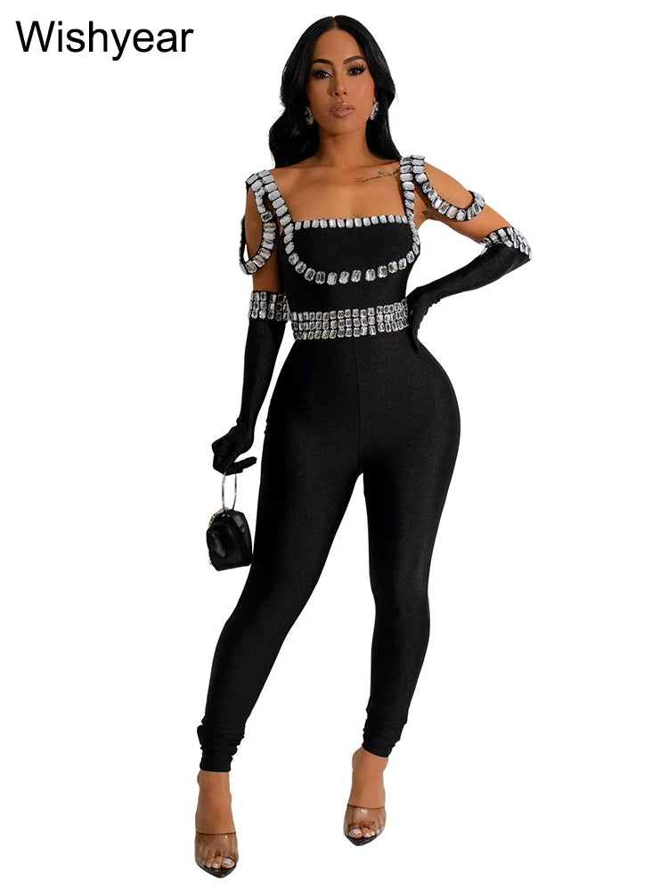 Luxury Jumpsuit with gloves Sexy Backless Rhinestone Bodycon One Piece - Pleasures and Sins   Pleasures and Sins