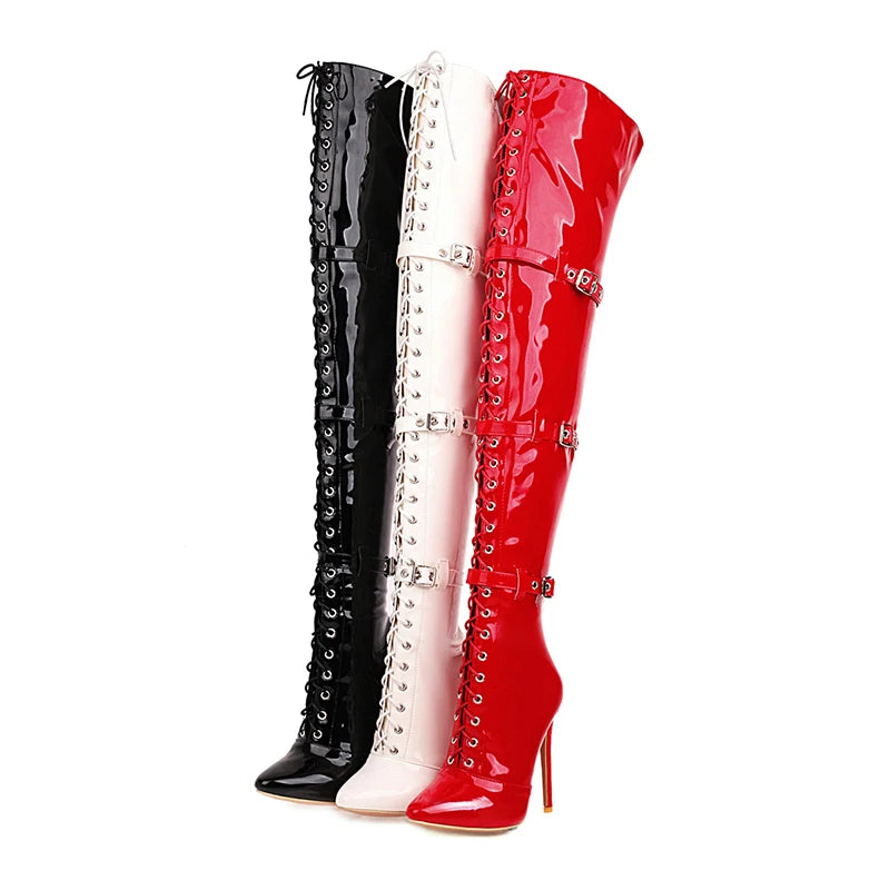 Womens Patent Cross Buckle Thigh Boots With Pointed Toe and High Heels