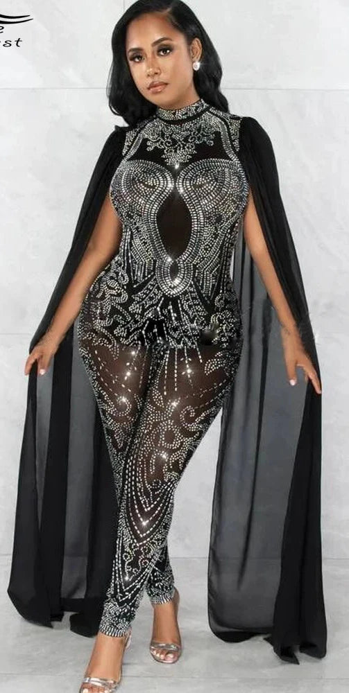 Sparkling Black Rhinestone Long Sleeve Jumpsuit With Attached Cloak