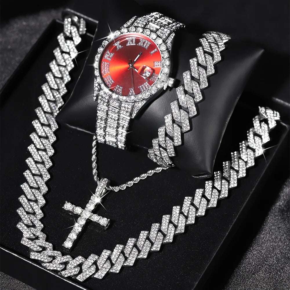 Mens 4 pc Bling Watch & Hip Hop Cuban Chain Necklace Set