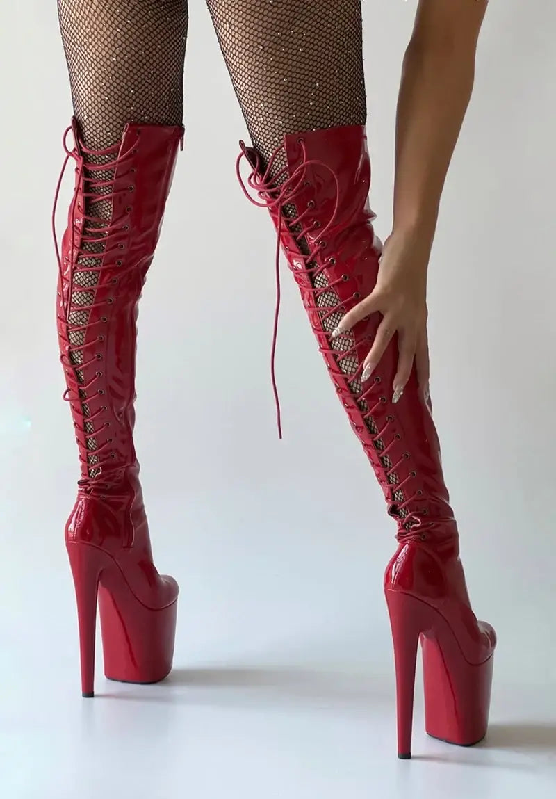 Bright Red Knee Boots 8inch Platform for Nightclub and Drag