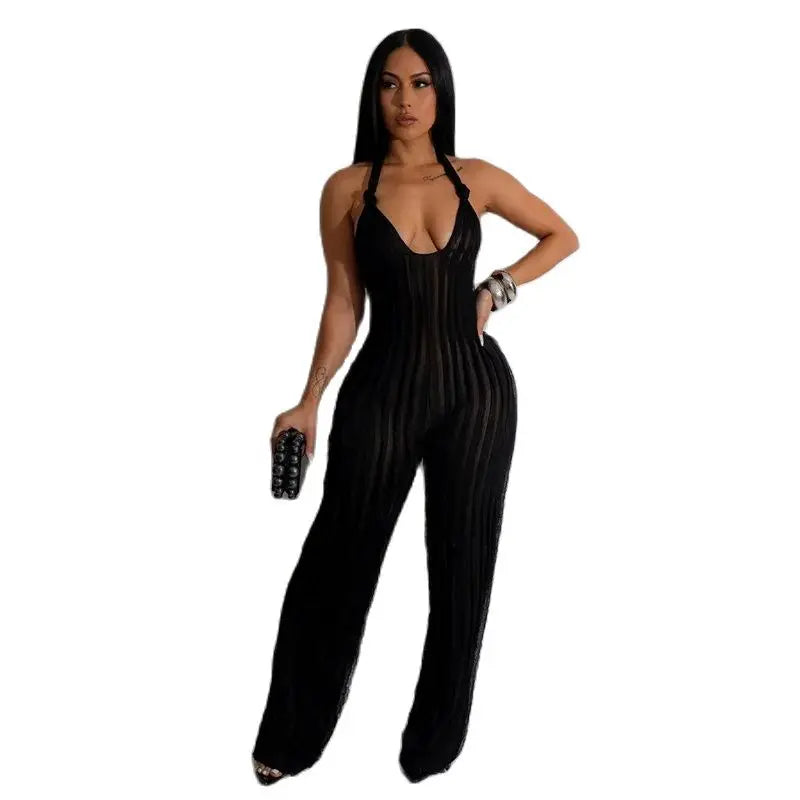 Women's Low Cut Backless Mesh Stripe Jumpsuit - Pleasures and Sins   Pleasures and Sins