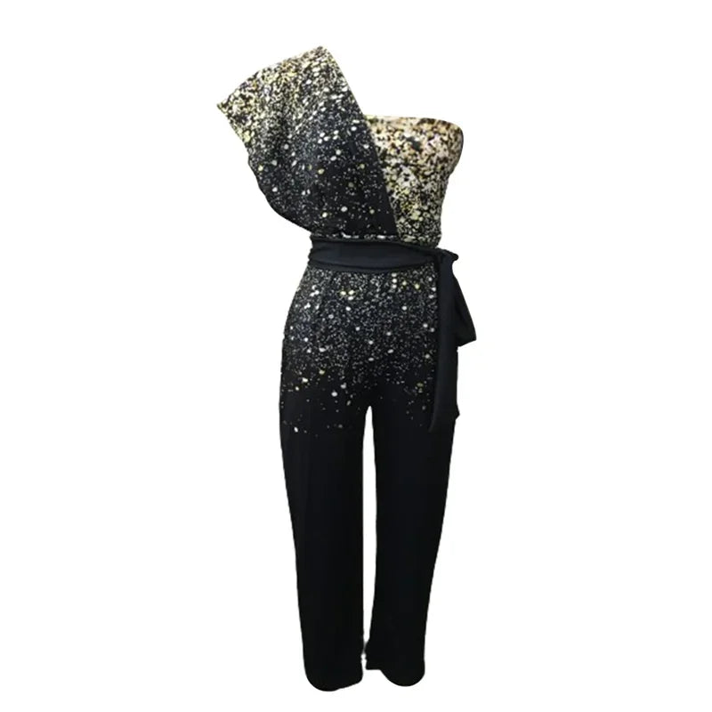 Sequin Decoration One Shoulder Backless Slim Fit High Waist Jumpsuit