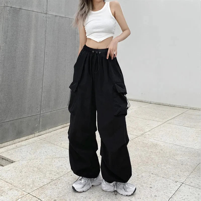 Women's black wide and baggy leg cargo pants with high waist