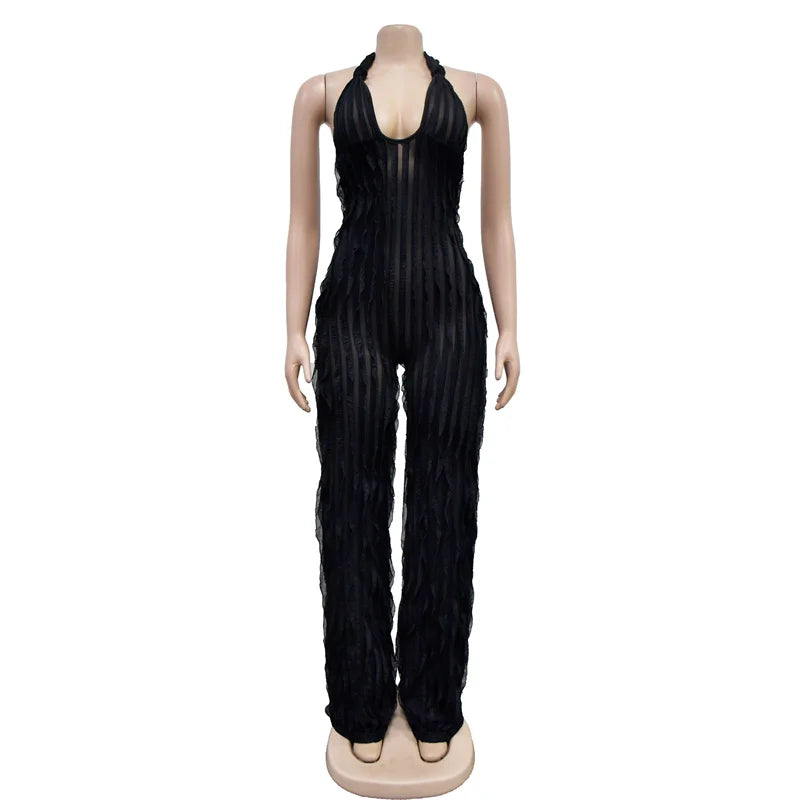 Women's Low Cut Backless Mesh Stripe Jumpsuit - Pleasures and Sins   Pleasures and Sins