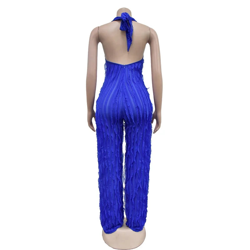 Women's Low Cut Backless Mesh Stripe Jumpsuit - Pleasures and Sins   Pleasures and Sins