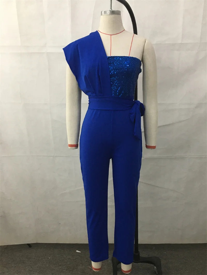 Sequin Decoration One Shoulder Backless Slim Fit High Waist Jumpsuit