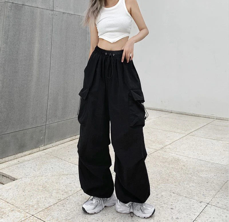 Women's black wide and baggy leg cargo pants with high waist