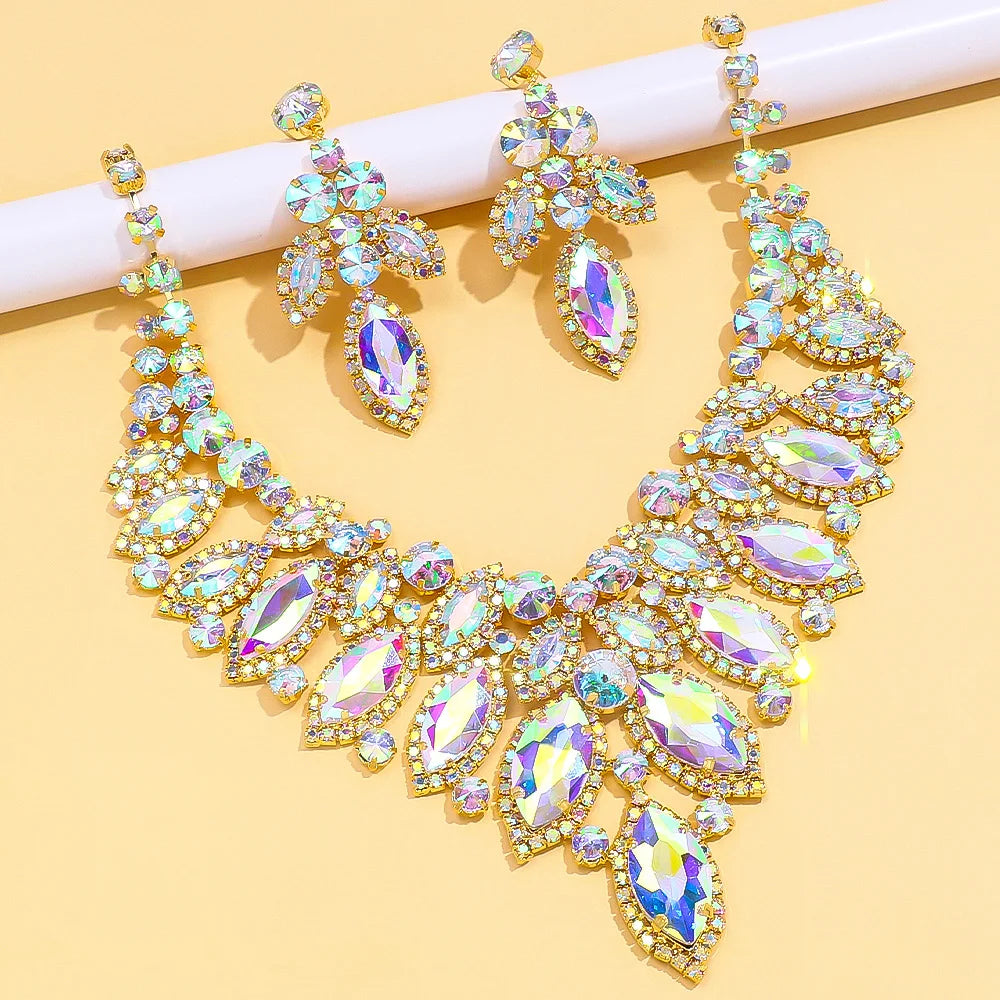 Exquisite Earrings Necklace Set Luxury Black Rhinestone Drag Queen Set