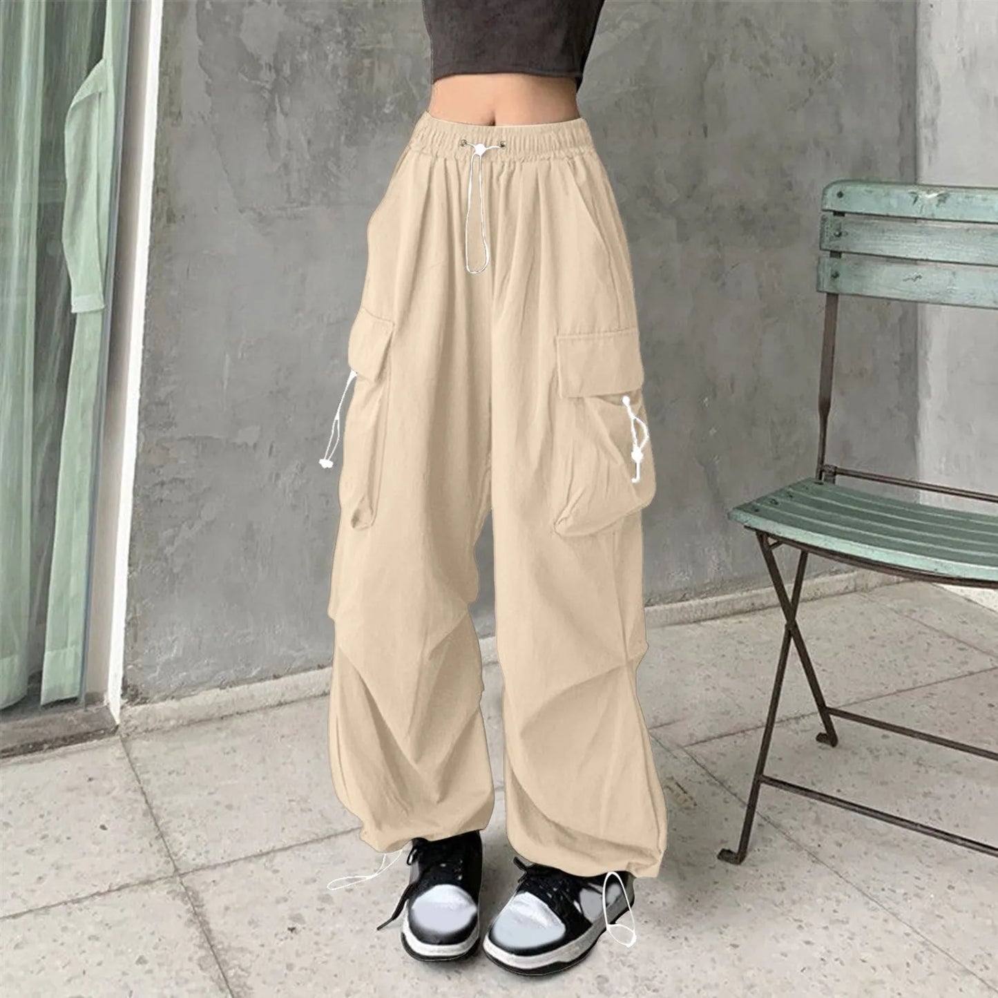 Women's Wide Leg Cargo Pants Streetwear Drawstring Elastic Waist - Pleasures and Sins   Pleasures and Sins