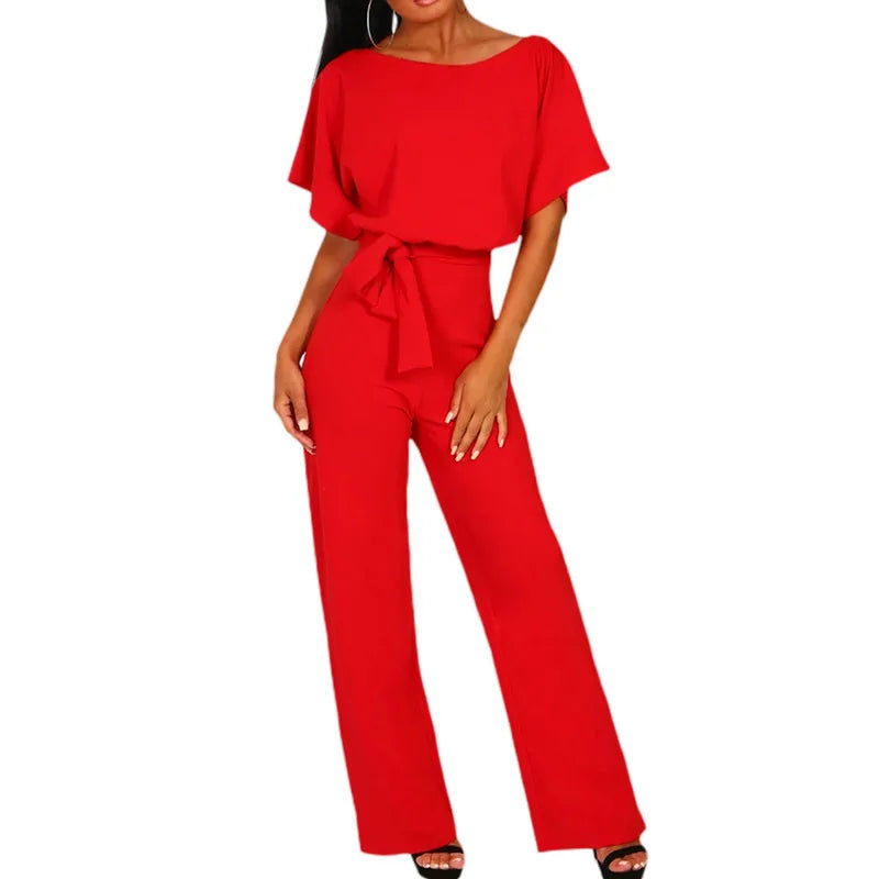 Women's Elegant Short Sleeve Waist Tie Solid Color Wide Leg Jumpsuit - Pleasures and Sins   Pleasures and Sins