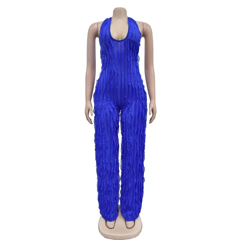 Women's Low Cut Backless Mesh Stripe Jumpsuit - Pleasures and Sins   Pleasures and Sins