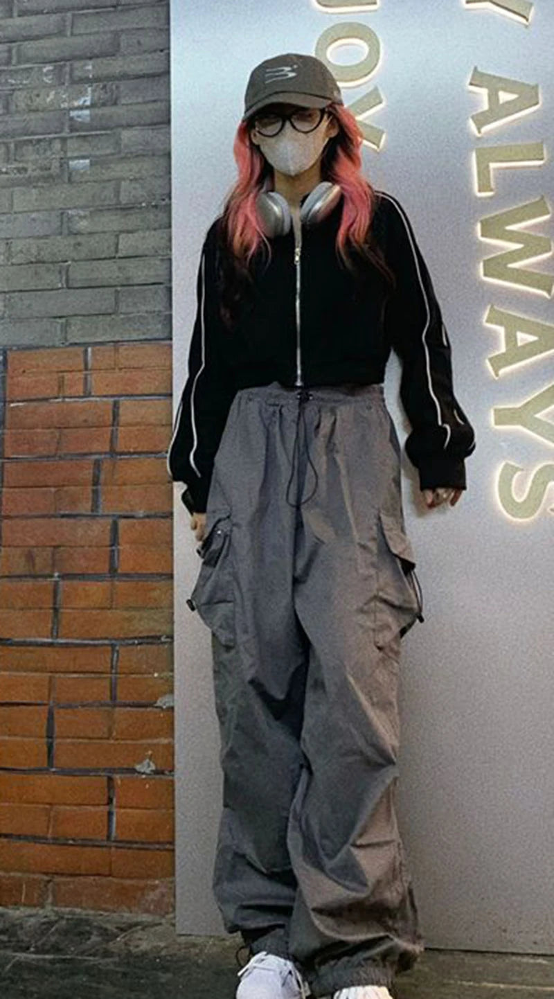 Women's black wide and baggy leg cargo pants with high waist