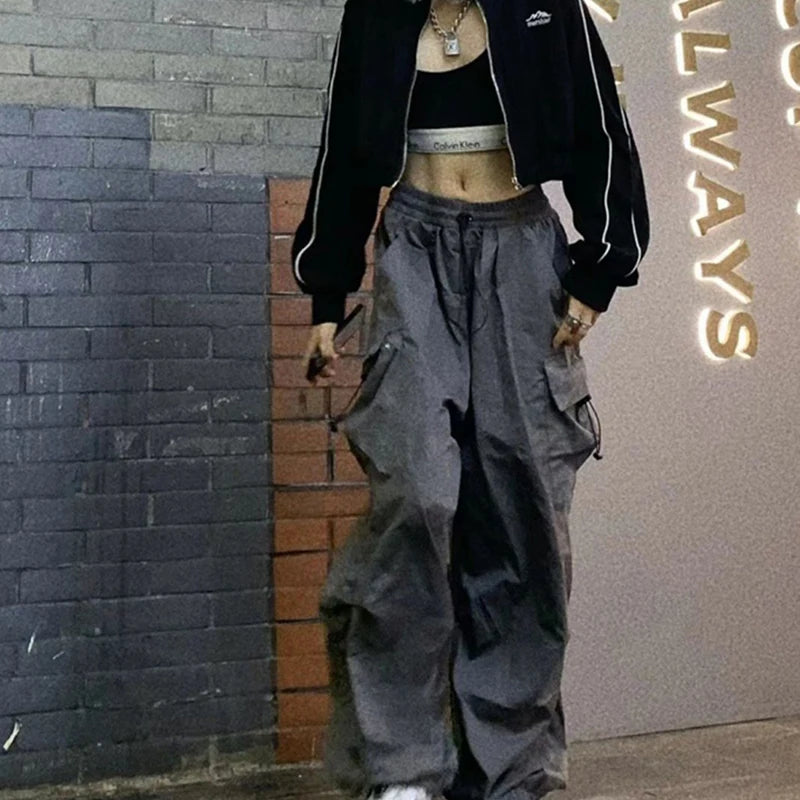 Women's black wide and baggy leg cargo pants with high waist