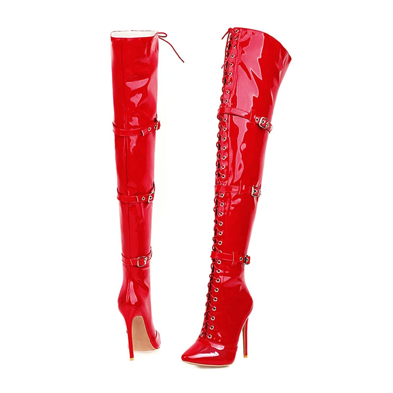Womens Patent Cross Buckle Thigh Boots With Pointed Toe and High Heels