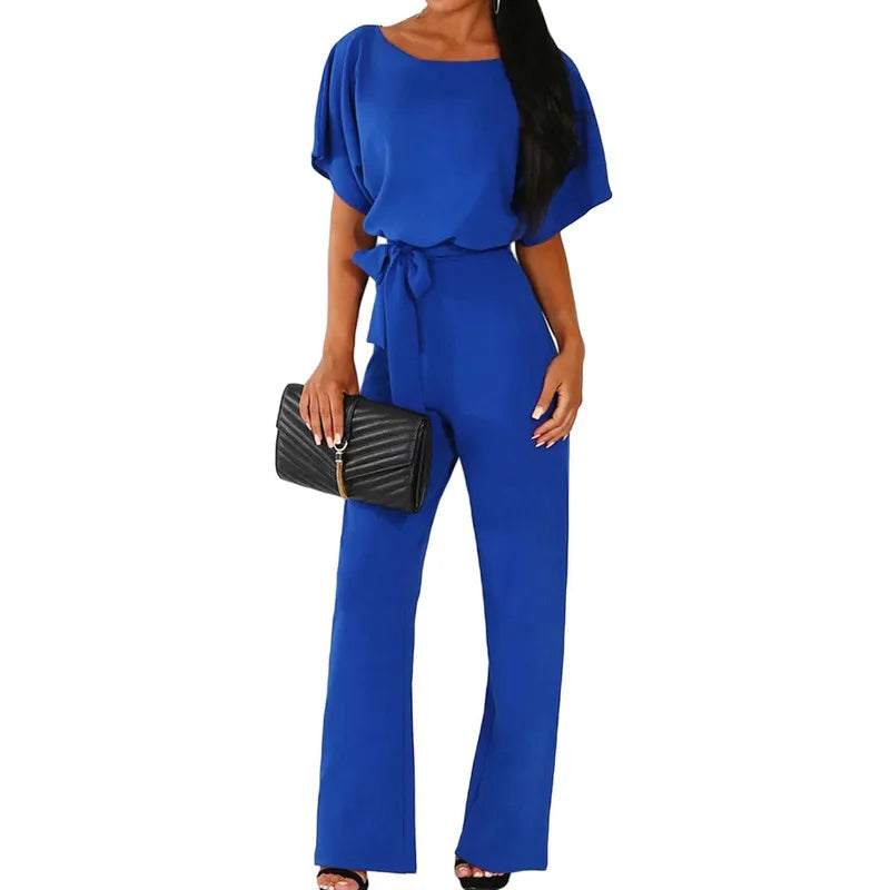 Women's Elegant Short Sleeve Waist Tie Solid Color Wide Leg Jumpsuit - Pleasures and Sins   Pleasures and Sins