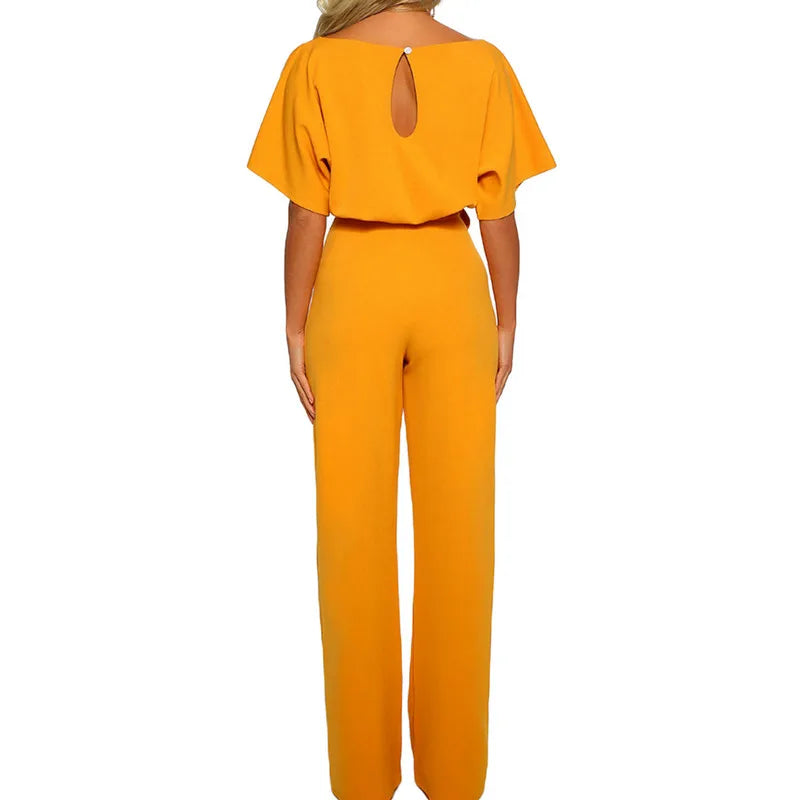 Women's Elegant Short Sleeve Waist Tie Solid Color Wide Leg Jumpsuit - Pleasures and Sins   Pleasures and Sins