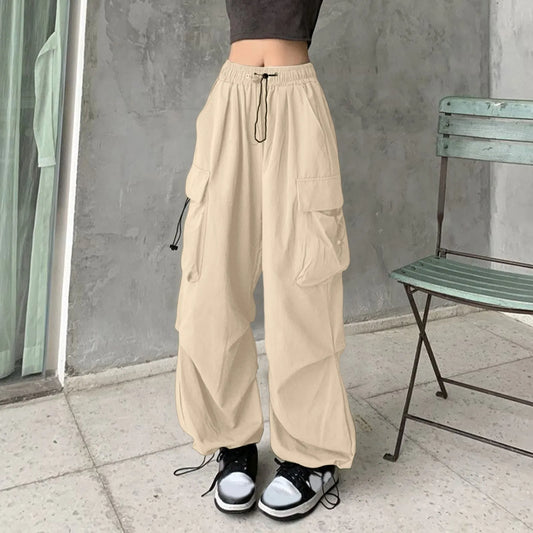 Women's Wide Leg Cargo Pants Streetwear Drawstring Elastic Waist - Pleasures and Sins   Pleasures and Sins