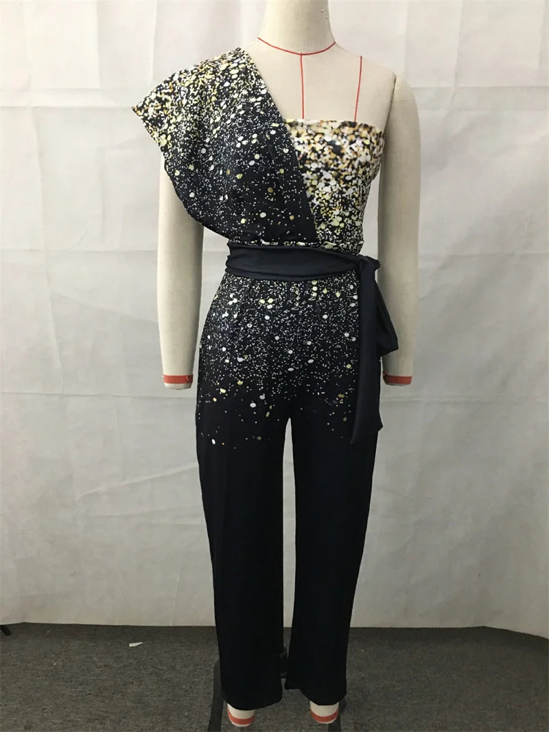 Sequin Decoration One Shoulder Backless Slim Fit High Waist Jumpsuit