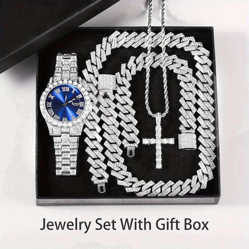 Mens 4 pc Bling Watch & Hip Hop Cuban Chain Necklace Set