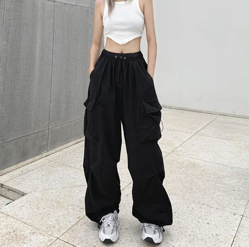 Women's black wide and baggy leg cargo pants with high waist