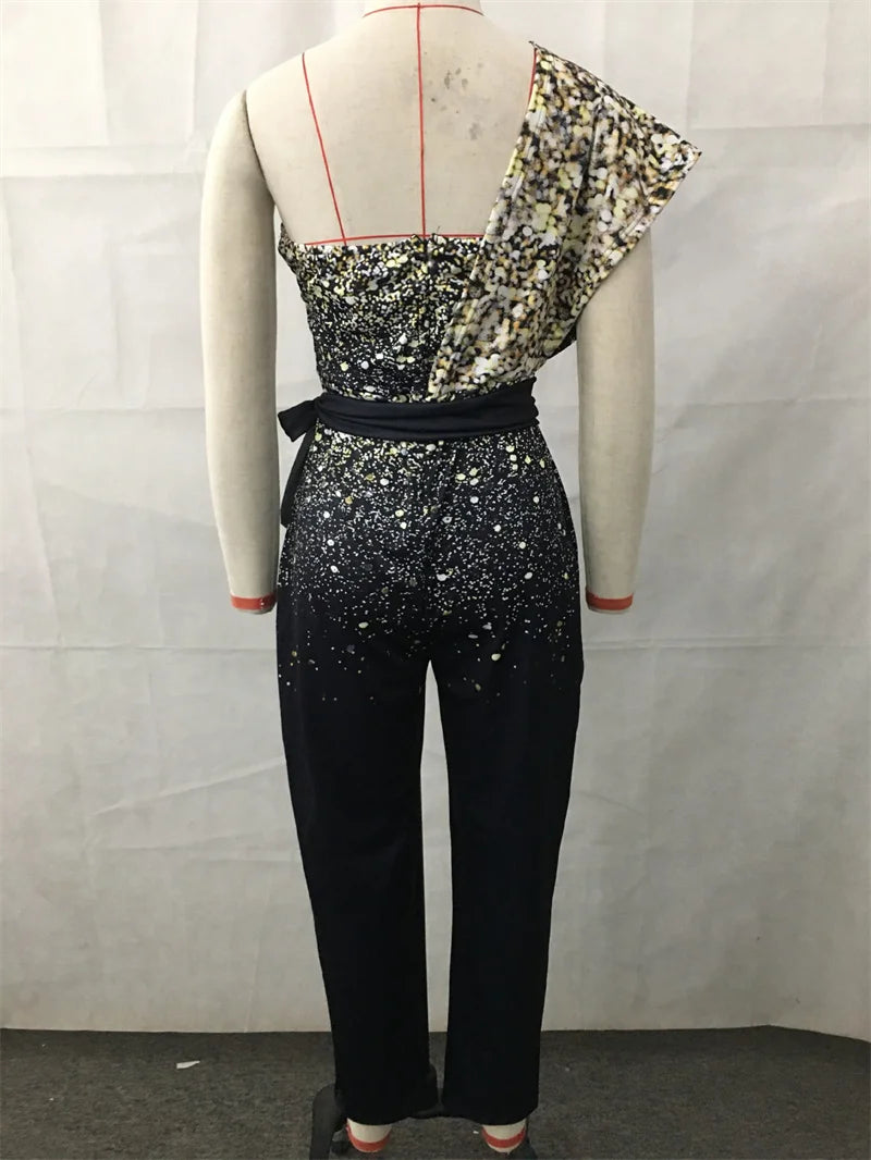 Sequin Decoration One Shoulder Backless Slim Fit High Waist Jumpsuit