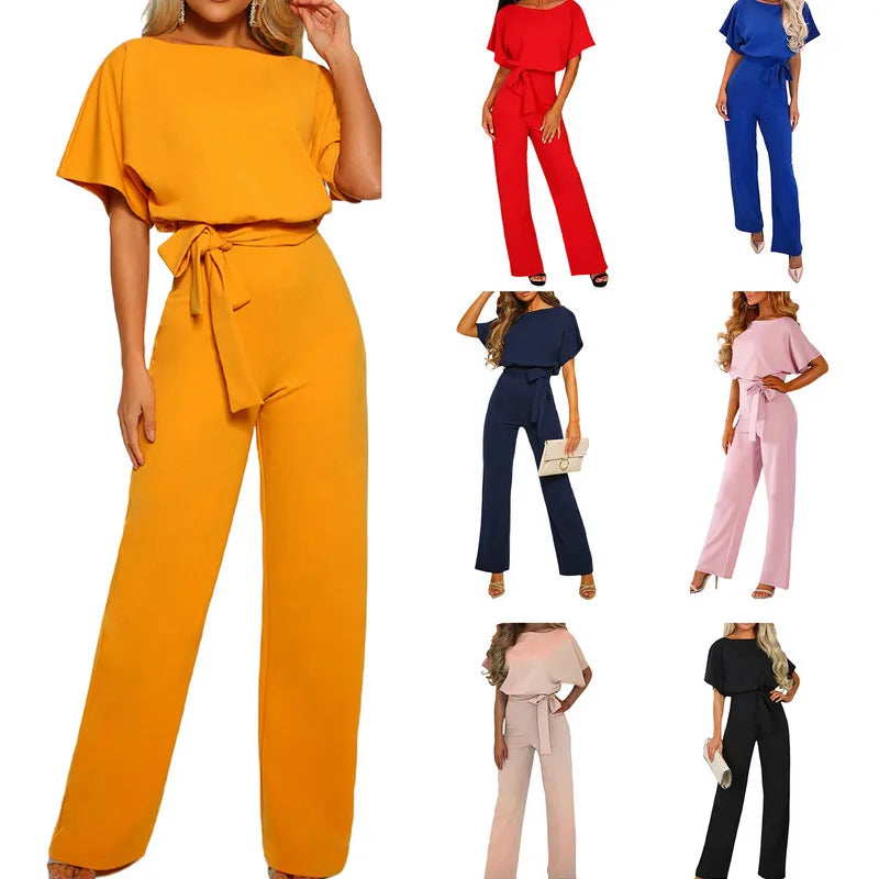 Women's Elegant Short Sleeve Waist Tie Solid Color Wide Leg Jumpsuit - Pleasures and Sins   Pleasures and Sins