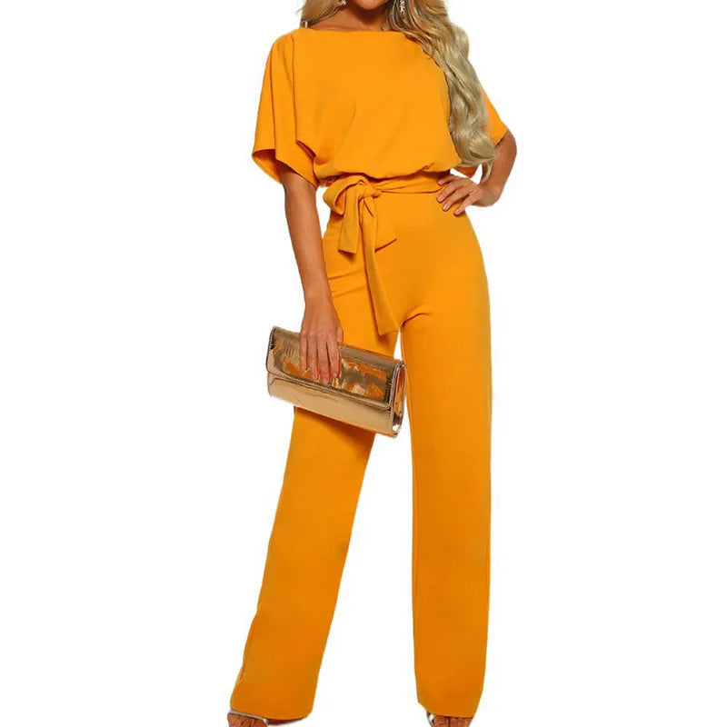 Women's Elegant Short Sleeve Waist Tie Solid Color Wide Leg Jumpsuit - Pleasures and Sins   Pleasures and Sins