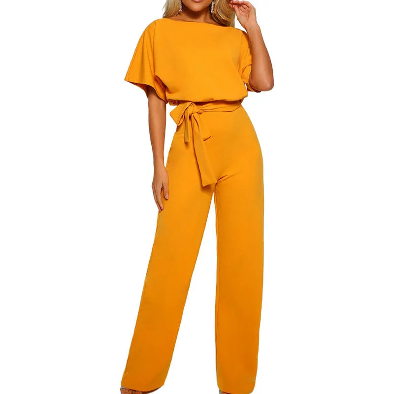 Women's Elegant Short Sleeve Waist Tie Solid Color Wide Leg Jumpsuit - Pleasures and Sins   Pleasures and Sins